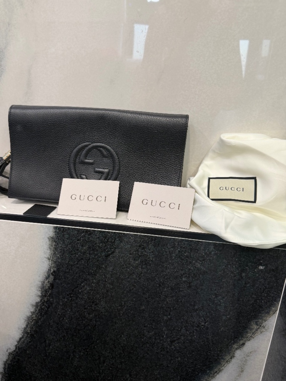 Gucci Soho Black Pebbled Leather Tassel Clutch Bag
